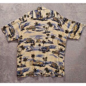Pierre Cardin Mens XL Hawaiian Shirt Classic cars Woodie Surfboards Palms Flaw R